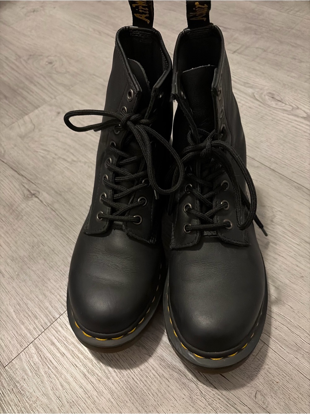 Dr. Martens Black Lace-Up Combat Boots with Yellow Welt Stitching